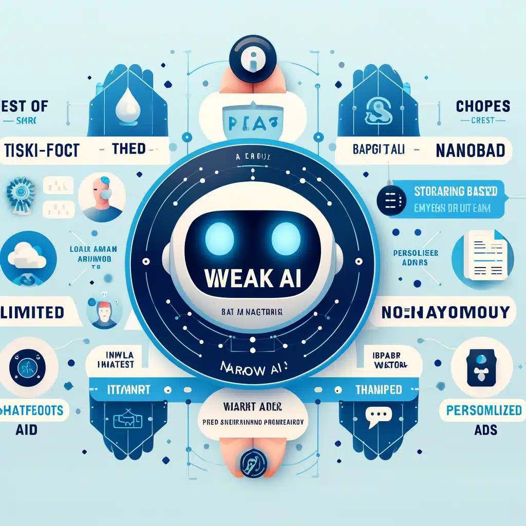 An infographic illustrating the concept of weak AI (Narrow AI). The infographic should have a clear and modern design. Sections include the definition of weak AI, its properties (task-focused, data-based, limited, non-autonomous, adaptable), and examples such as Siri, Google Assistant, Chatbots, IBM Watson, and personalized ads. Each section should have icons and brief descriptions to enhance understanding.